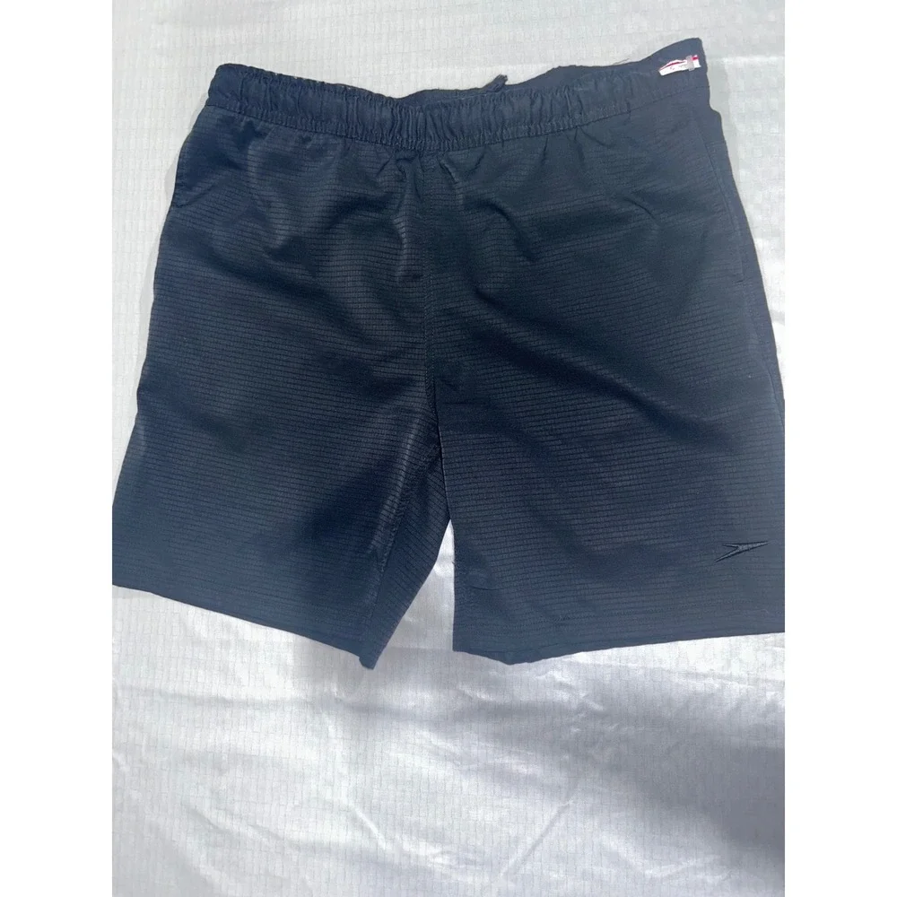 Speedo Mens Swim Trunks Black Textured Board Shorts Size Small Drawstring Pocket